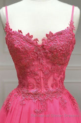 Hot Pink Floral Spaghetti Straps A-line Long Semi Formal Prom Dress